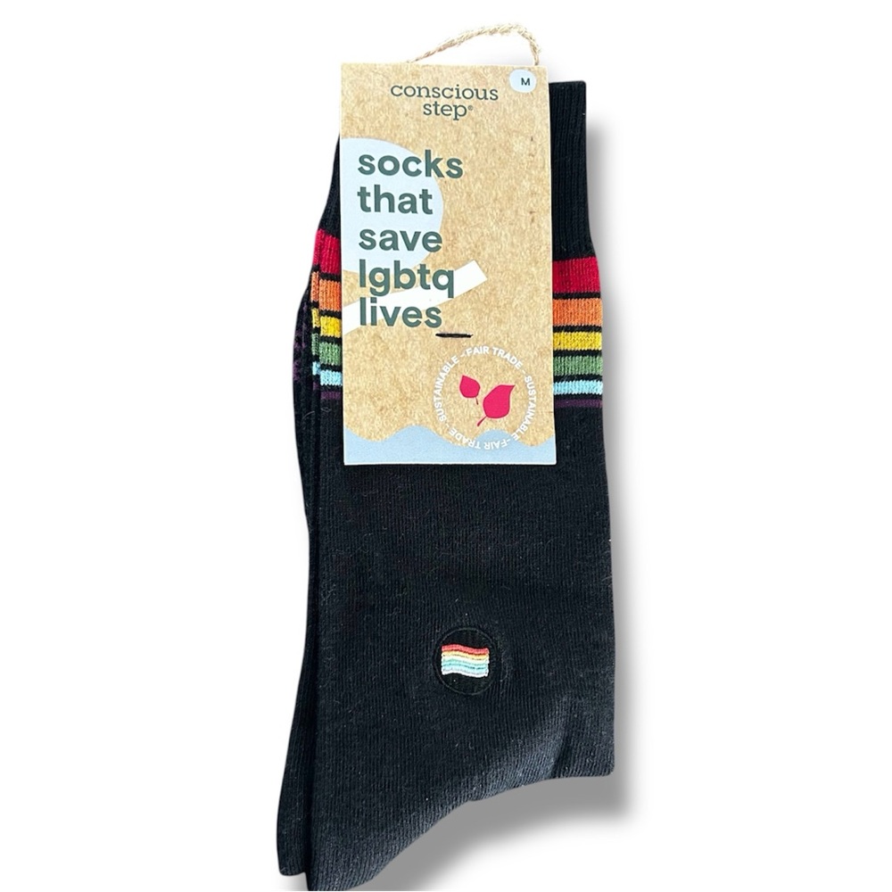 New Gay Pride Crew Socks Adult Medium Black Rainbow Stripe Trevor Project LGBTQ